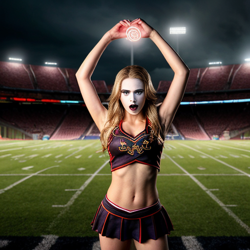 
High school stadium at night, flickering lights casting long shadows. A tall blonde vampire cheerleader with pale skin and glowing red eyes stands at the center, casting a powerful golden mist spell. Every female student around her is affected: their skin is pale and lifeless, their eyes glowing gold, their expressions vacant and dead. Their clothing has magically transformed into tattered cheerleader outfits combined with battered copper armor.
From graves surrounding the stadium, more female figures rise, equally pale and dead-looking, drawn by the vampire’s magic. They wear similar cheerleader-copper armor hybrids and join the crowd in obedient formation. Golden magical symbols swirl around the vampire’s hands, glowing mist fills the air, and dramatic shadows stretch across the stadium. The atmosphere is dark, supernatural, and cinematic, emphasizing undead obedience, magical power, and eerie, lifeless horror.