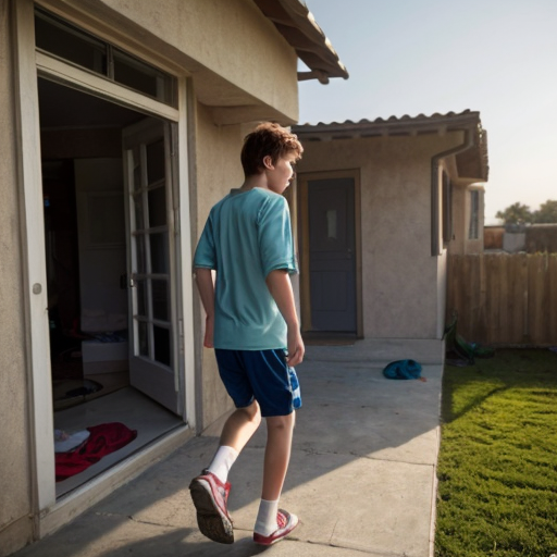 The shirtless teenage boy is has just woken up. He gets out of bed in his boxes and walks through his house. He eventually walks outside. The morning breeze hits him