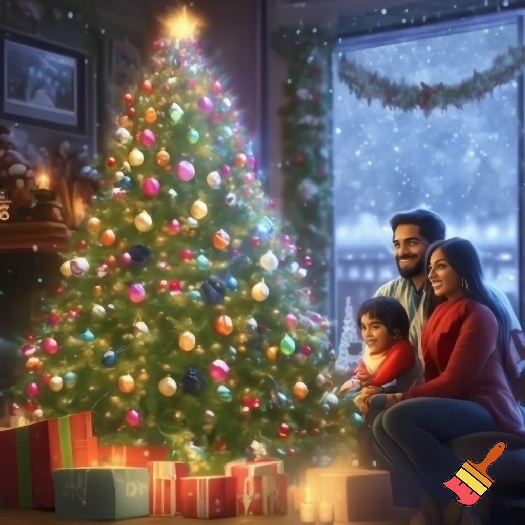 A warm and festive Christmas scene featuring a beautifully decorated Christmas tree with glowing lights, colorful ornaments, and wrapped gifts beneath it. A happy Indian family dressed in cozy winter clothes is gathered together, smiling and celebrating. The home is decorated with garlands, candles, and twinkling fairy lights. Through the window, gentle snowfall can be seen outside, creating a magical holiday atmosphere filled with joy, love, and togetherness.