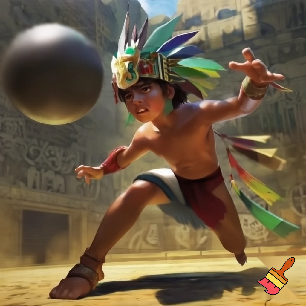 an Aztec boy playing ball