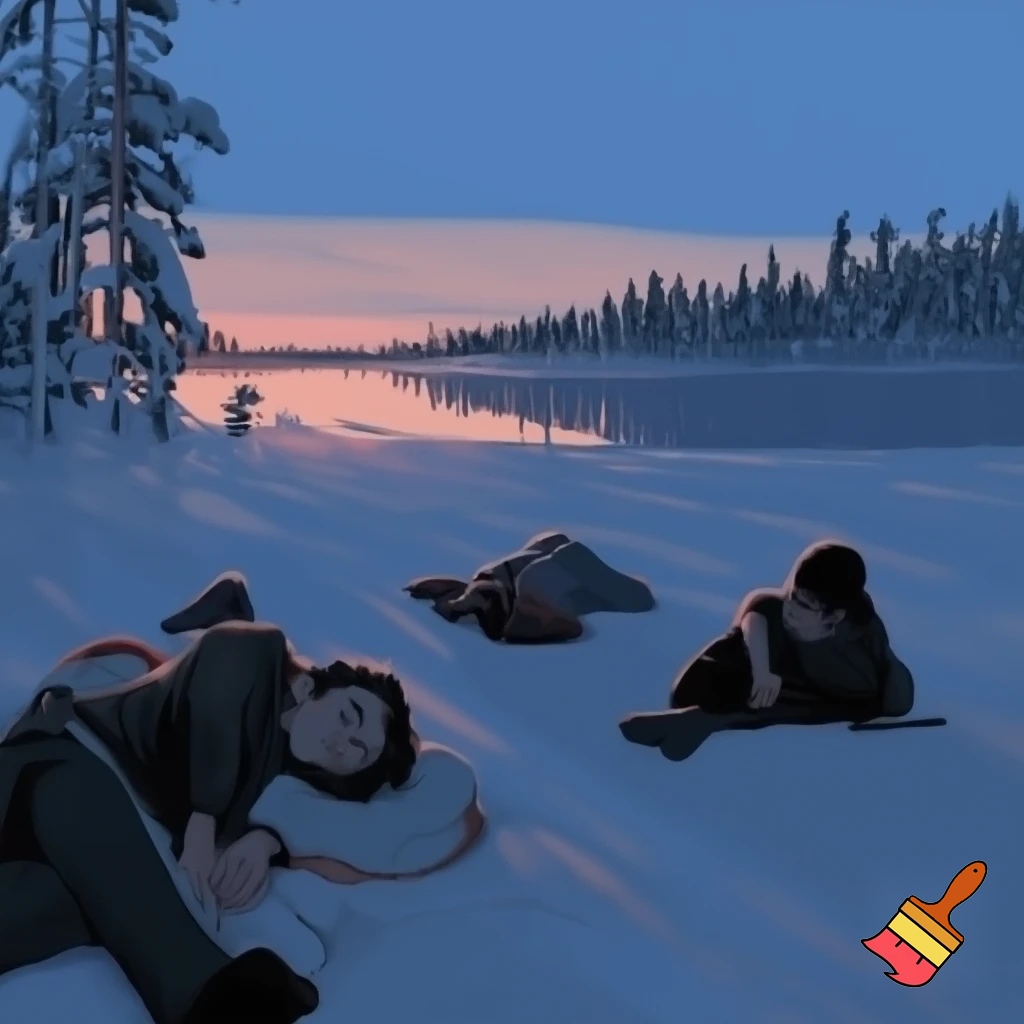 4 teenagers are camping in the snow in Finland and in the background is a lake and a forest, at sunrise, 3 of them are dead and one is badly injured