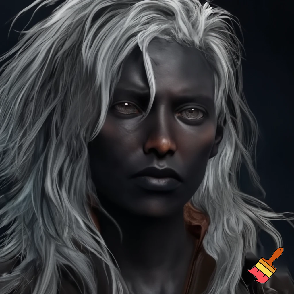 portrait of female character with thick, white, unevenly cut thick hair, realistic, smooth face, charcoal black skin, caucasian features, unkempt hairstyle, lending the person an edgy and adventurous appearance, dark adventure atmosphere, transparent background