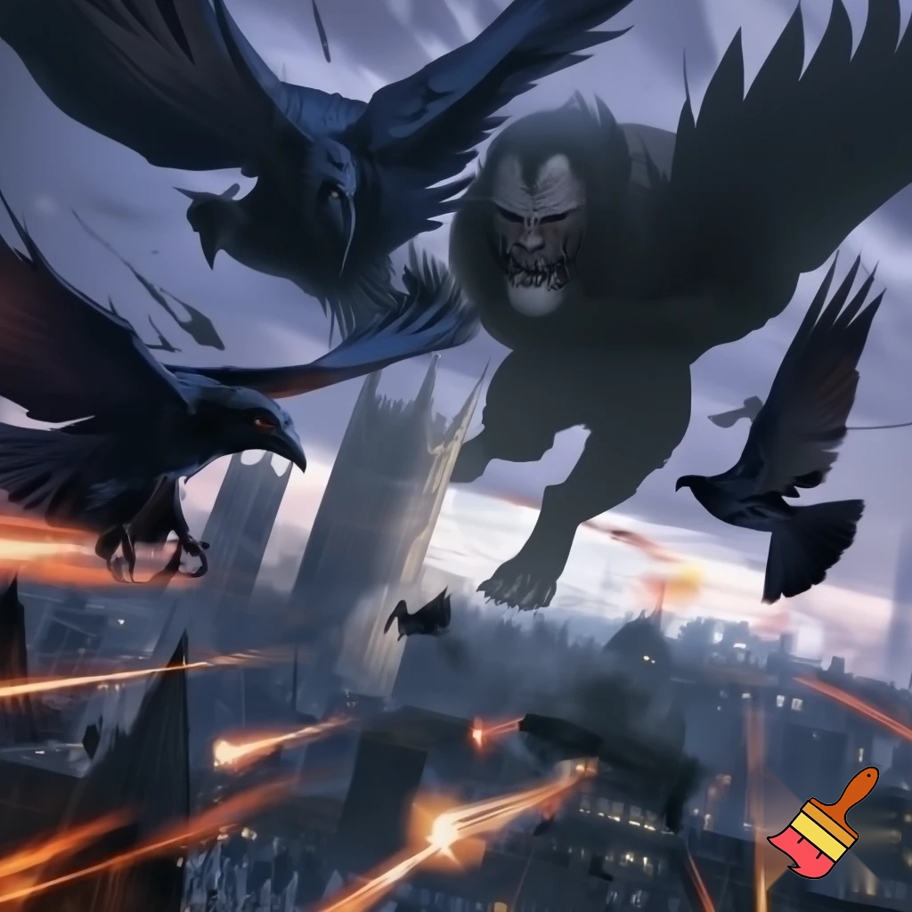 the London royal ravens fighting a big alien wearing mr beasts head