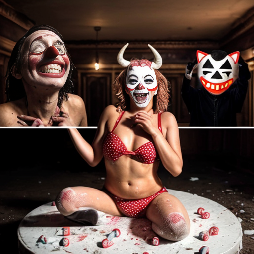 a grotesquely vibrant basement party frozen in mid-decay—sticky floors littered with shattered liquor bottles, crumpled beer cans, and smeared makeup. Under flickering red bulbs, three ancient women in sagging floral bikinis lurch across the room, their wrinkled bodies glistening with sweat under 1950s rubber Halloween masks—one a leering devil, another a weeping clown, the third a grinning cat with peeling paint. A toppled statue of Satan lies cracked near a puddle of vomit, its horns snapped off and cradled by a passed-out clown in smeared greasepaint, his polka-dot pants soaked in cheap whiskey. The walls drip with something that isn’t water, and in the corner, a half-eaten birthday cake swarms with flies, the frosting spelling out "HELP" in shaky cursive