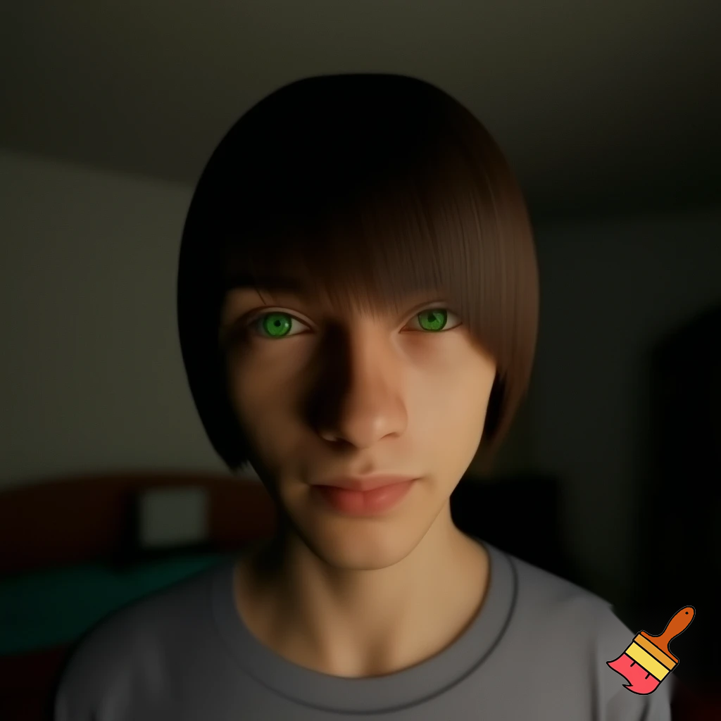 A family the brother has a bob cut two inches long and is wearing his pj and has green eyes and he is tall and is 18 years old 


