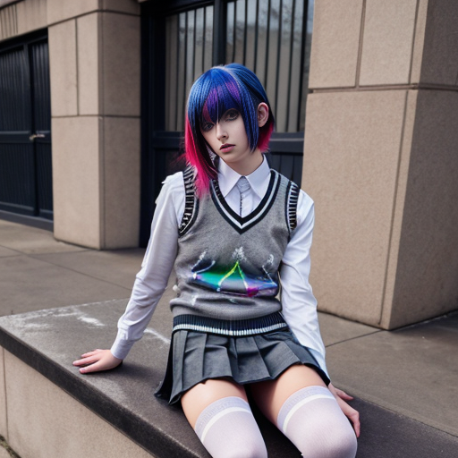 Cute emo woman with dyed hair wearing a sweater vest, a pleated skirt and striped thigh socks with converse shoes 
