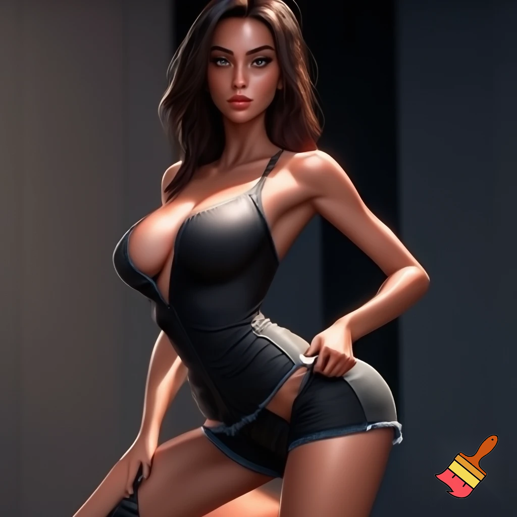 girl 20 years old so cool and cute is dressing a low cut dress and very revaluing and cool short black jeans is standing make is so realistic is doing an cool pose and the girl is holding her jeans with cool pose and her body is shiny and her face and waist and ass is so cool