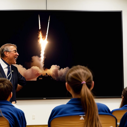 
•	The speaker begins 
•	He points toward the students sitting in front of him and smiles.
•	A large screen behind him shows images of rockets launching and students studying in classrooms.
•	The audience begins clapping 
