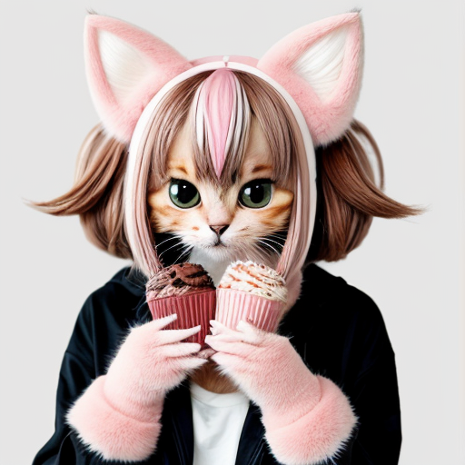 A cute cat furry in this style with “moe” style anime eyes and Neapolitan ice cream themed. Long, fluffy hair with pink/white/brown accessories, with large, cute paws