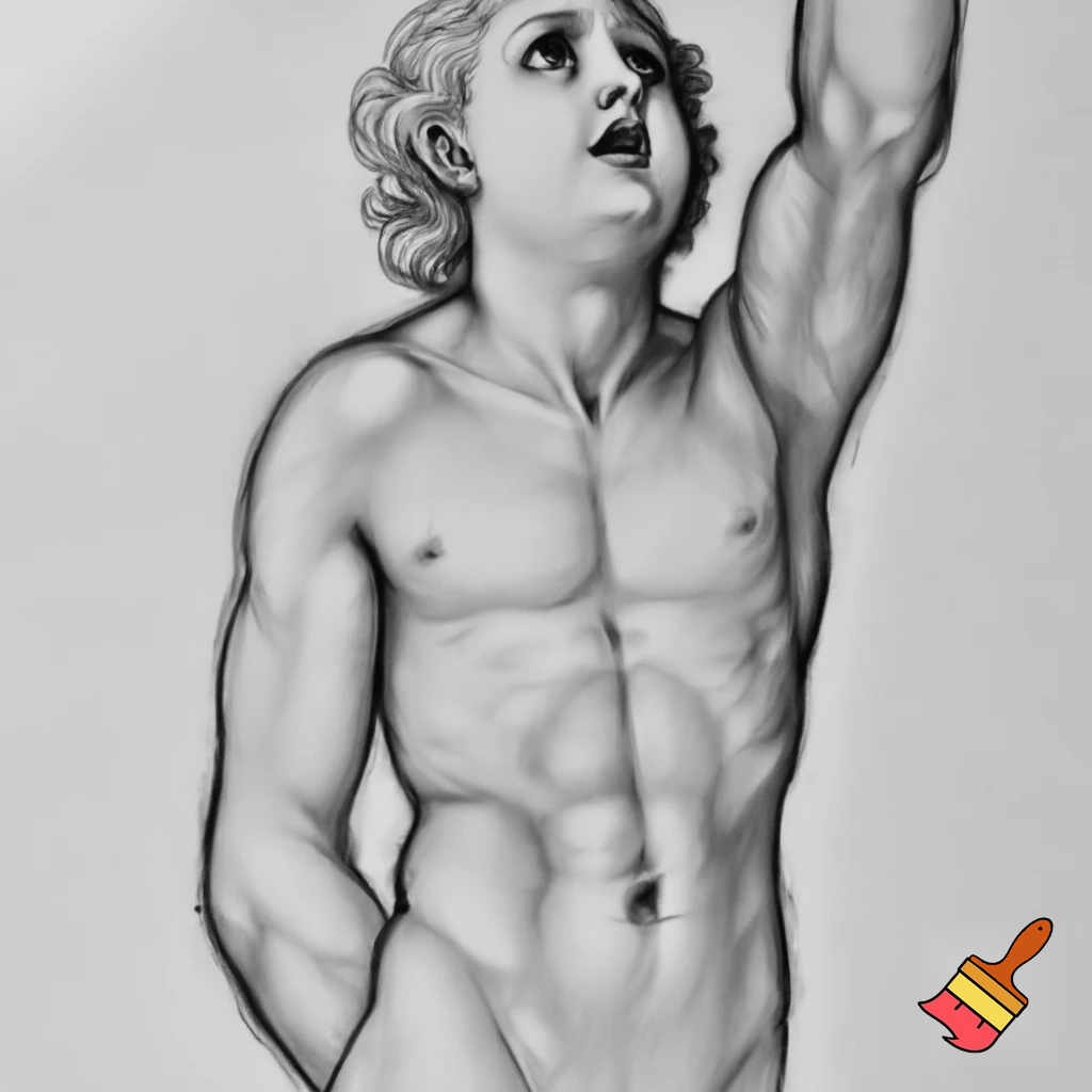 Black-and-white Renaissance-style sketch of a falling angel, body perfectly vertical and straight. Extremely muscular with well-defined abs, chest, and arms. Head tilted fully upward so the face is visible now: a soft, Renaissance “cutie” face — delicate features, gentle jaw, slightly parted lips. Large expressive eyes with a tiny reflective sparkle, conveying quiet betrayal and sorrow. Curly hair framing the face. One arm extended upward. Classical pencil shading, Michelangelo/Renaissance sketch style, dramatic but elegant.