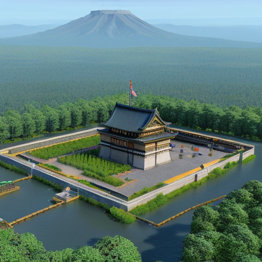 A Japanese Castle with gardens, training grounds, a trading hub, an arena, and an empty yet wide forge-weaving land for creation such as blacksmithing, weaving, alchemy or creating. Fully equipped and absolutely protected, fit for an Emperor who does godlike powers and his empire.