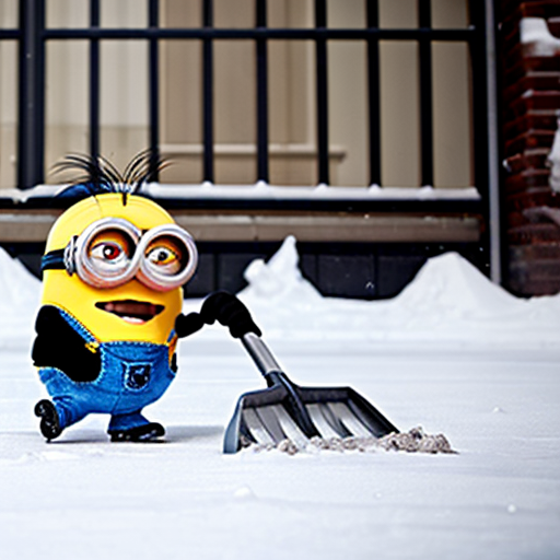 6 elmos in a circle pointing at an angry minion sitting in the middle of the elmos. Outside in the snow. A group of minions with shovels are coming in the background to save the minion.