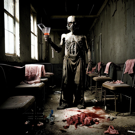 a grotesquely surreal tableau—an abandoned slaughterhouse repurposed into a deranged satanic banquet hall, where the concrete floor is slick with blood and strewn with rotting trash, discarded meat hooks dangling from rusted chains overhead. A skeletal priest in tattered vestments presides over a macabre feast, his hollow eyes glowing red as he raises a goblet filled with thick, black ichor, while around him, mutated revelers in tuxedos and gore-smeared evening gowns tear into human limbs arranged on silver platters like fine cuisine. Hazmat-suited figures loom in the shadows, their gas masks reflecting the flickering candlelight from upside-down crucifixes, their gloved hands clutching syringes dripping an unknown fluid. The walls pulse with fleshy, veined growths, and in the far corner, a still-twitching pile of flayed bodies writhes in unholy communion, their mouths sewn shut with barbed wire—a masterpiece of visceral body horror where decay and decadence collide.