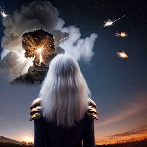 young white-haired woman in armor watches as meteorites fall on her castle