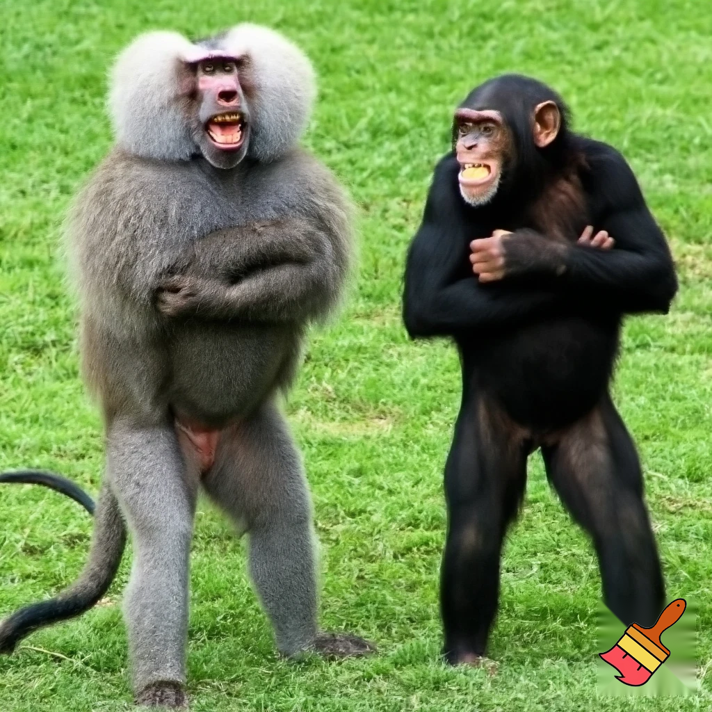 A baboon smiling and standing on his two legs with his arms crossed and looking at a chimpanzee that is standing on his two legs with his arms crossed and smiling