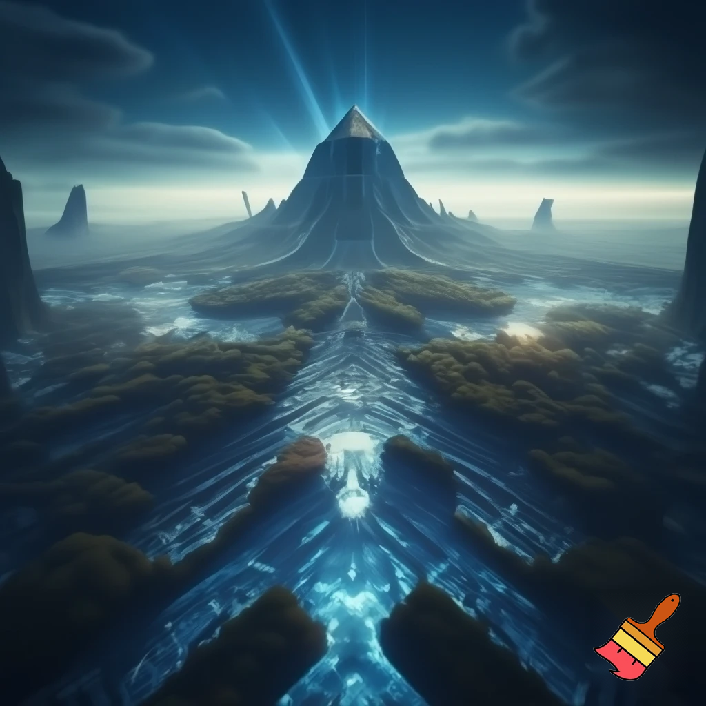 Epic panoramic alien world at dawn — impossibly symmetrical forests, bioluminescent oceans like circuitry, fractal tectonic ridges, a mountain crowned with a hidden metallic cradle/temple, subtle mist, cinematic wide-angle, ultra-detailed sci-fi concept art, dramatic volumetric light shafts, high detail, 8k.