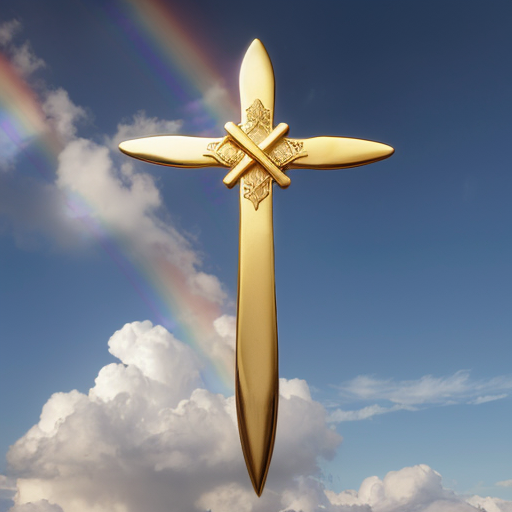 A golden cross above the sky with a small golden scroll and sword and above it a rainbow
