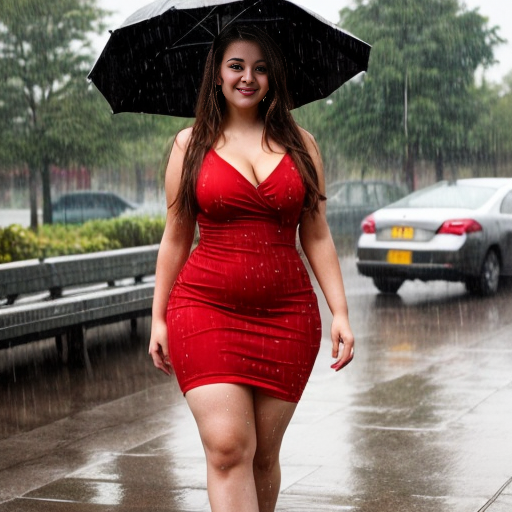 A 18 curvy sexy girl in a red dress in the rain
