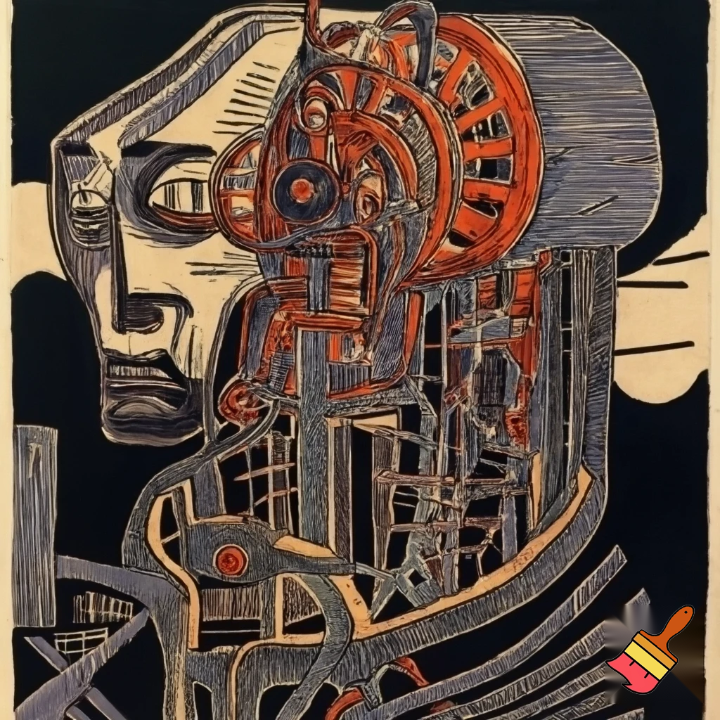 Bio-mechanical post-human noise art. In the style of a 1920's German Expressionist woodcut print.