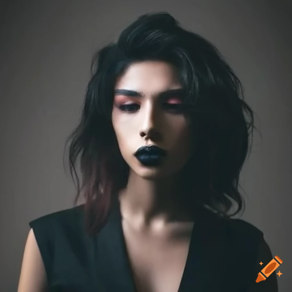 an androgynous mexican model staring into the camera with dark makeup and hair