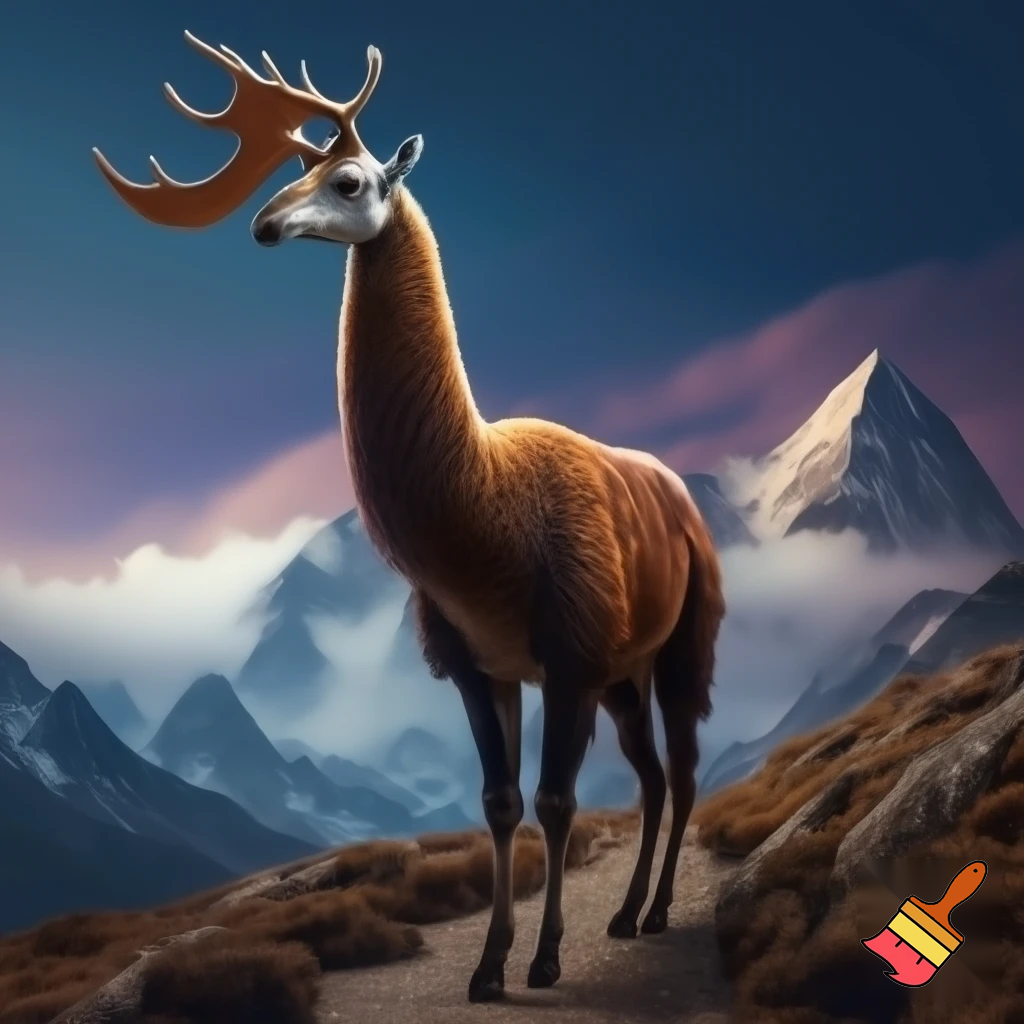 A hybird real life llama + girffe + hawk + moose forset back mountain on