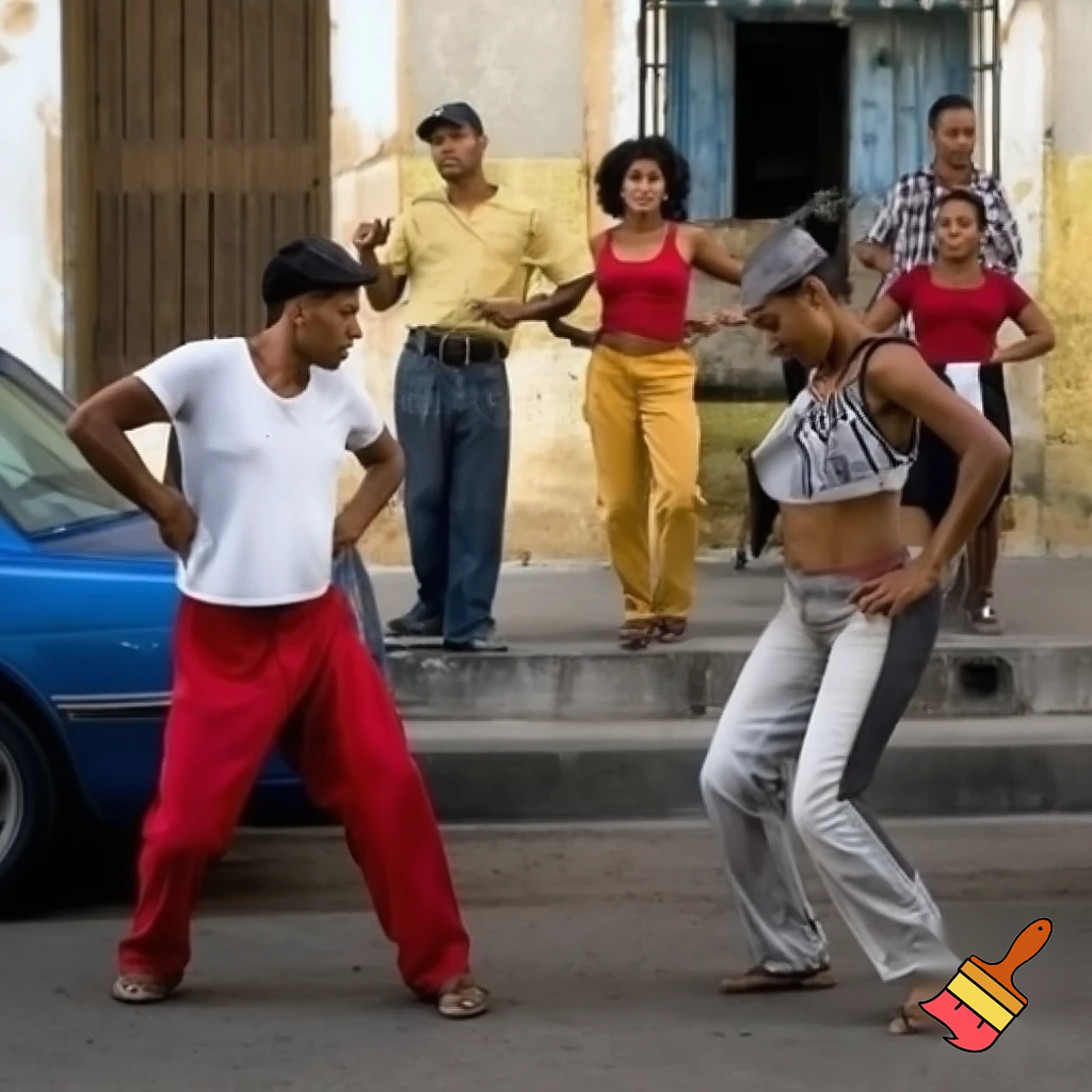 Crea tre coppie distanziate una coppia indietro di ballerini Cubani tre uomini e tre donne che ballano in coppia per strada. Le donne indossano minigonne e magliette in tinta unita. Gli uomini devono essere senza cappello. Sulla sinistra un'auto di colore celeste. Nessun passante presente.