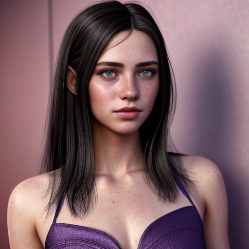 A 17 year old girl with medium length black straight hair, blue eyes, lots of freckles, wearing a magenta purpleish semi formal dress