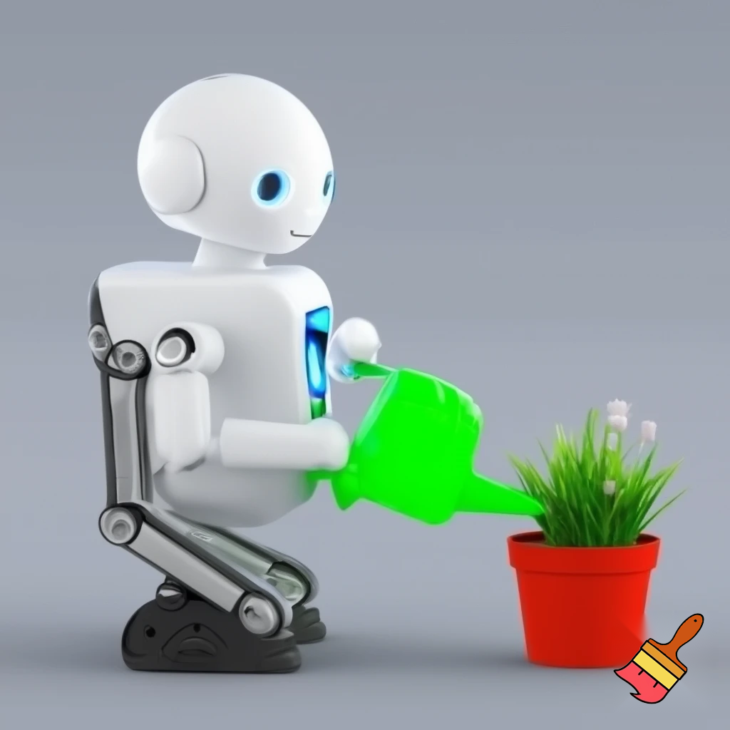 Un robot assistant qui arrose une plante... en plastique.