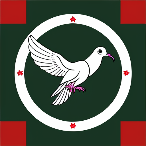 a flag with a dove in the middle and line designs behind the dove and in the mouth have a flower and the background green
