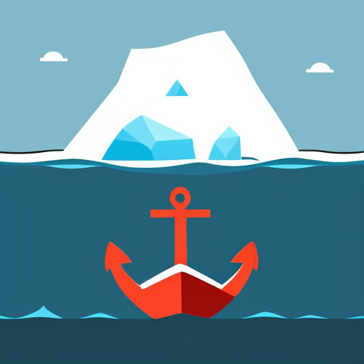 Generate an illustration of iceberg style illustration showing a borrower holding an asset above water while below the surface a large anchor labeled security interest from a bank is attached, symbolic business illustration,