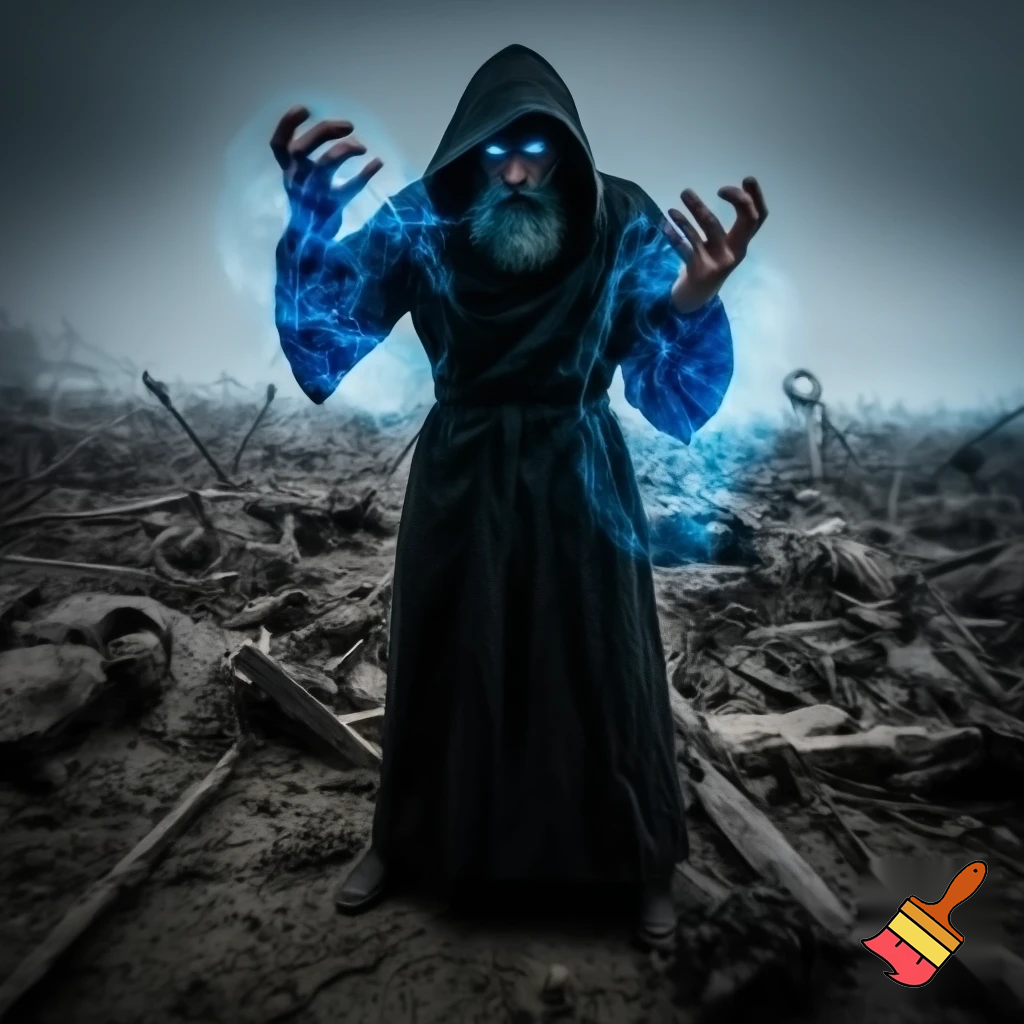  a grey-beard archmage in black clothes and hood with shiny blue eyes, on a battlefield surrounded by corpses and casting a powerful barrier spell with his hands.  