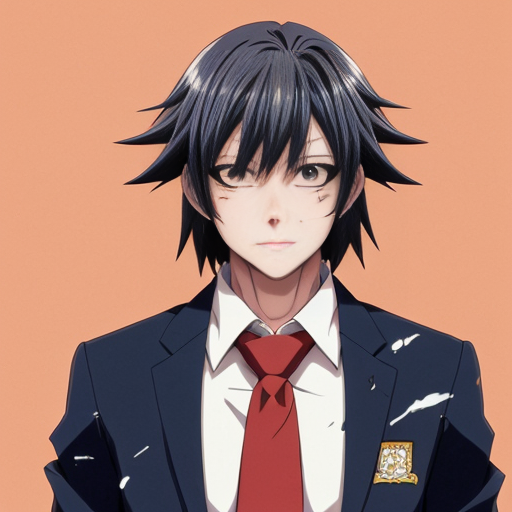 Haruka Sakura from Wind Breaker anime, male character, upper body portrait, serious and silent expression, battle-ready stance with slightly turned shoulders, hair short, straight with slight waves at ends, left side hair white, right side hair black, hair slightly messy and flowing with motion, heterochromia eyes: left eye gold, right eye dark blue, sharp and focused gaze, natural anime skin tone, wearing standard Furin High School uniform with small tears and battle damage details, white shirt slightly rumpled, navy blazer with emblem, red necktie, hands clenched and ready for combat, anime-style gloves on hands, dynamic pose suggesting imminent action, subtle motion lines for movement, simple light-colored background, clean and sharp anime line art, vibrant and saturated anime colors, realistic shadows and highlights on hair and clothing, determined and calm demeanor, slight wind effect making hair and tie move, upper body emphasis showing shoulders and chest area clearly, faithful to original character design, intense and focused aura.