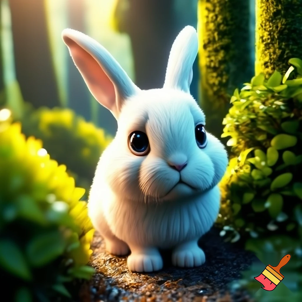 "Cartoon-style illustration of Minu the rabbit sitting alone on the forest ground, tears in eyes, looking sad and hopeless. Bright, colorful forest background with sunlight and bushes. Emotional, child-friendly. Character must match in all scenes."