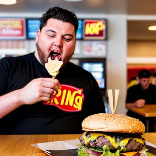 a big burger picking up a human in Burger King, licking his lips as he readies for his feast