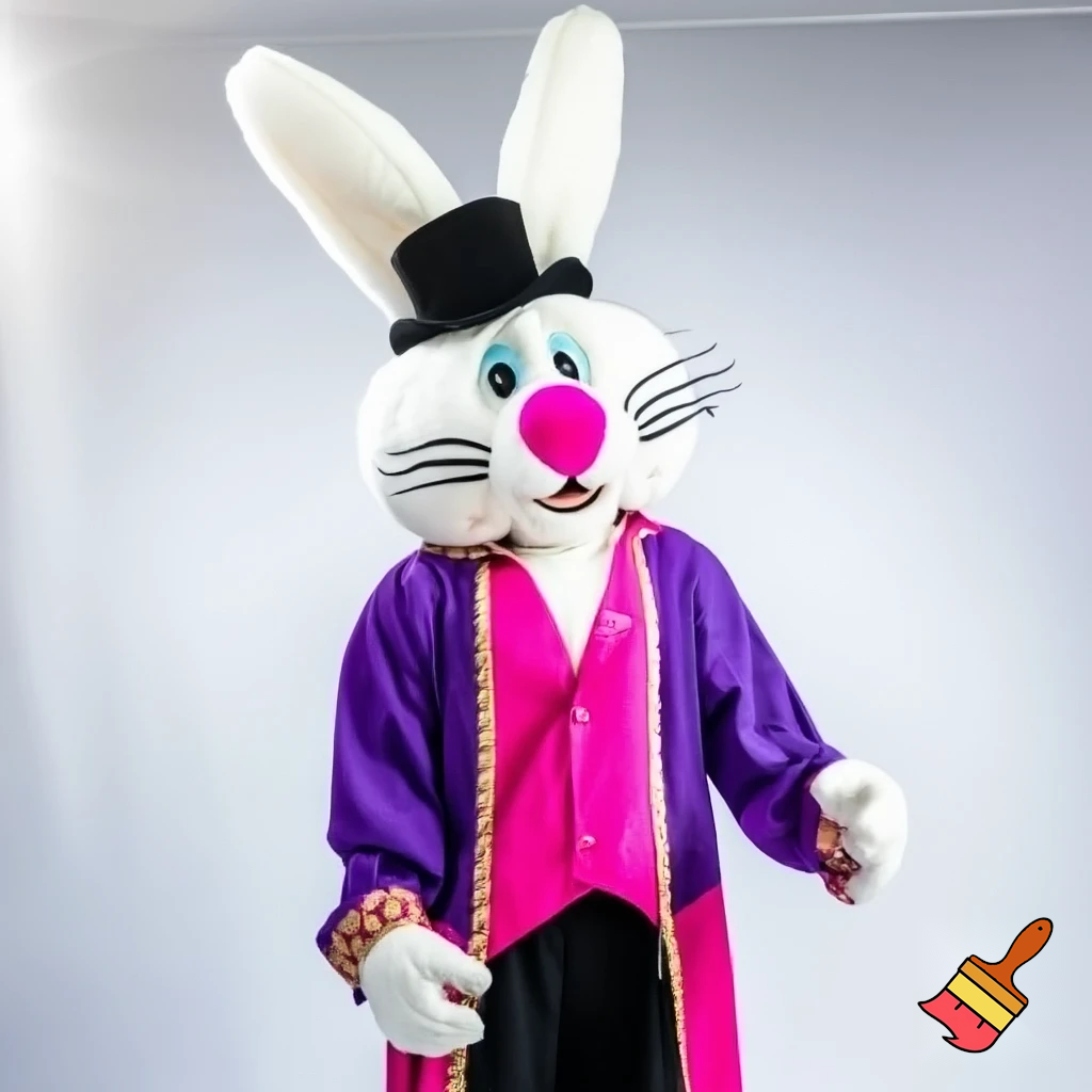 Easter bunny mascot costume top hat a colour face jacket purple and pink pink, purple and pink and gold purple and pink and gold