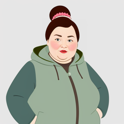 A fat lady that wears a green coat, has bulging ankles, dirty sneakers, loose fleshy cheeks, neck covered by fat, sparse red hair pinned back by a plastic barrette, tiny face features, small blue eyes, and looks intimidating.