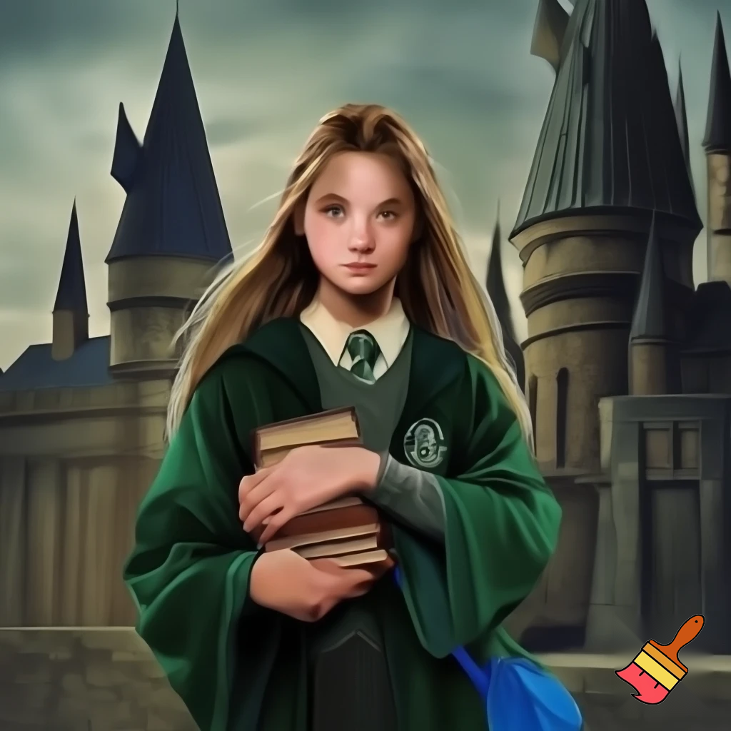 Make me a picture of a young 5'2, 14 year old girl with straight brownish-blonde hair and pale skin and glasz colored eyes. She is wearing Slytherin robes and standing in front of Hogwarts holding her books and she has a small blue side bag