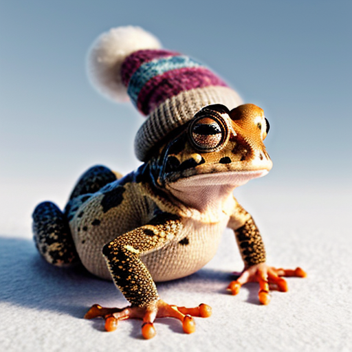 A laughable, puzzled animal toad in woolen, multicoloured winter clothings with woolen winter cap. Hyperrealistic art style.