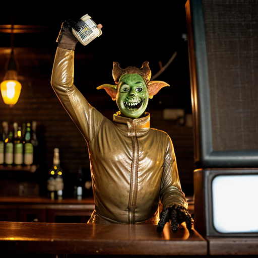 a grotesque, photorealistic dive bar frozen in time—peeling wallpaper stained with decades of smoke and spilled liquor, broken furniture piled like carcasses in the corners, a single flickering bulb casting jaundiced light. Front and center, a nightmare scarecrow slouches on a stool, its burlap face split by a stitched grin, cornstalk fingers wrapped around a bottle of Jack Daniels, tendrils of hay spilling from its rotting chest cavity where whiskey drips into exposed ribs. Beside it, three 1950s-era hazmat suits—faded yellow rubber, cracked visors fogged with condensation—lean drunkenly against the bar, gloved hands clutching martini glasses filled with neon-green sludge. A hunchbacked goblin with pustular skin and jagged teeth perches on a keg, chugging a foaming beer that spills down its chin onto a taxidermied rat hanging from its necklace. Towering over them all, a corroded bronze statue of Satan rises from the debris, one hoof resting on a toppled jukebox, its leering face tilted as if amused by the decay. The air is thick with the ghosts of a thousand bad decisions