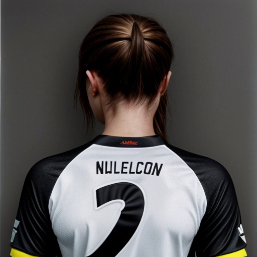 young womans back in a mens black soccer jersey with the name Nicholson in gold on it