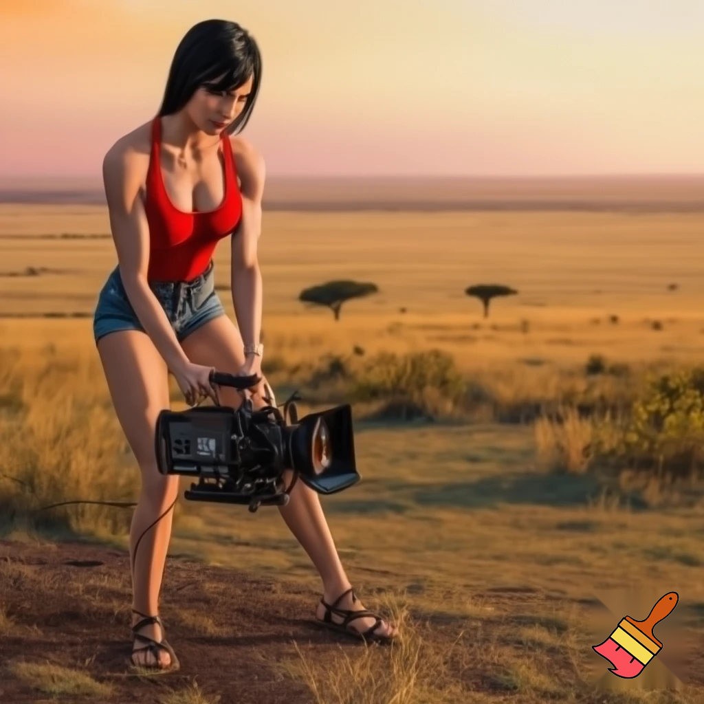 A cute and muscular black-long-and-side-swept-banged-haired fair white woman with arriflex digital camera and wearing red tank top and woman's blue short jeans and putting the sandals on her feet is filmming the plains of the Serengeti in Tanzania.
