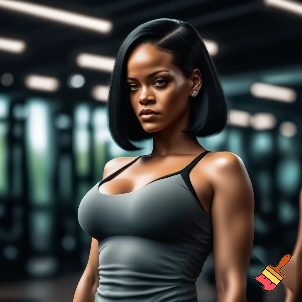Rihanna with a sleek middle part bob hair wearing a grey camisole and black bra working out 