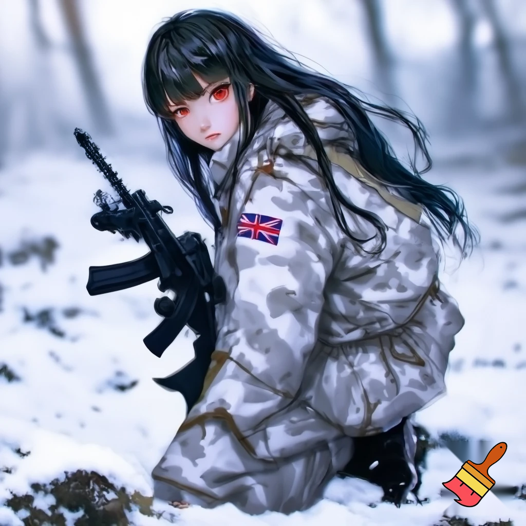 realistic colours, zoomed out veiw. large eyes looking to the left behind the camera, long black hair, red eyes, 19 years old girl. wearing white military camo clothing, jacket and pants  with british sas flag on the sleeve, kneeling in snow, holding a rifle. anime stye 