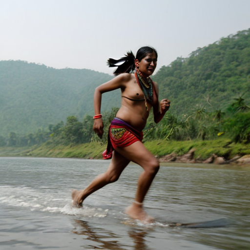 An Indian tribe woman running forward on the water