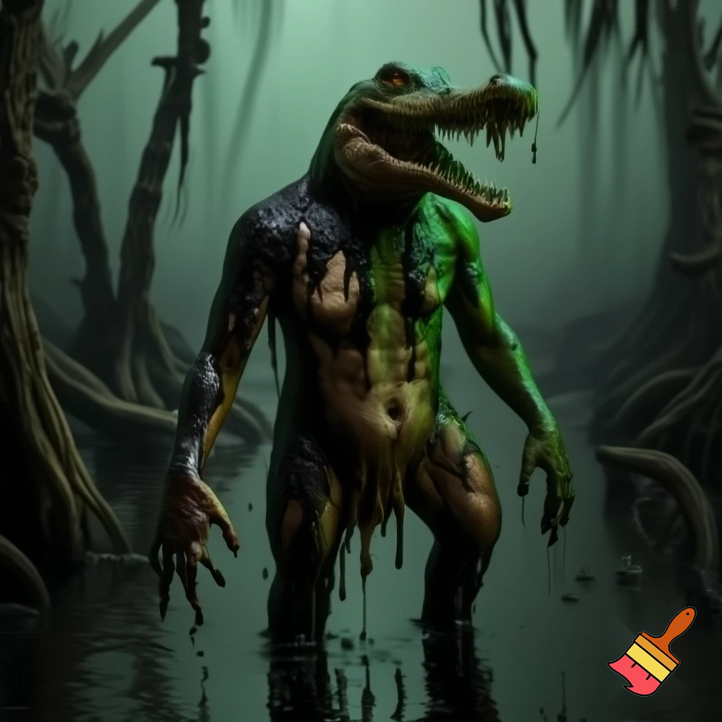 A grotesque, rotting, anthromorphic crocodile creature standing upright, its body covered in black goo, melting, and dripping like sludge, exposing its bones. The skin is swampy green, black, and sickly brown, with patches of rot and ooze and entirely made out of gunk. Eyes bulging in horror, jaw hanging loosely, teeth crooked and partially dissolved and has a deformed smile. The creature’s limbs stretch out as goo drips from its claws exposing its skeletal fingers. It's appearance, also zombie-like and deformed. Surround it with an eerie, fog-filled swamp: twisted dead trees, murky water, dim green-gray light, and a haunting atmosphere. Highly detailed, creepy, and surreal. 