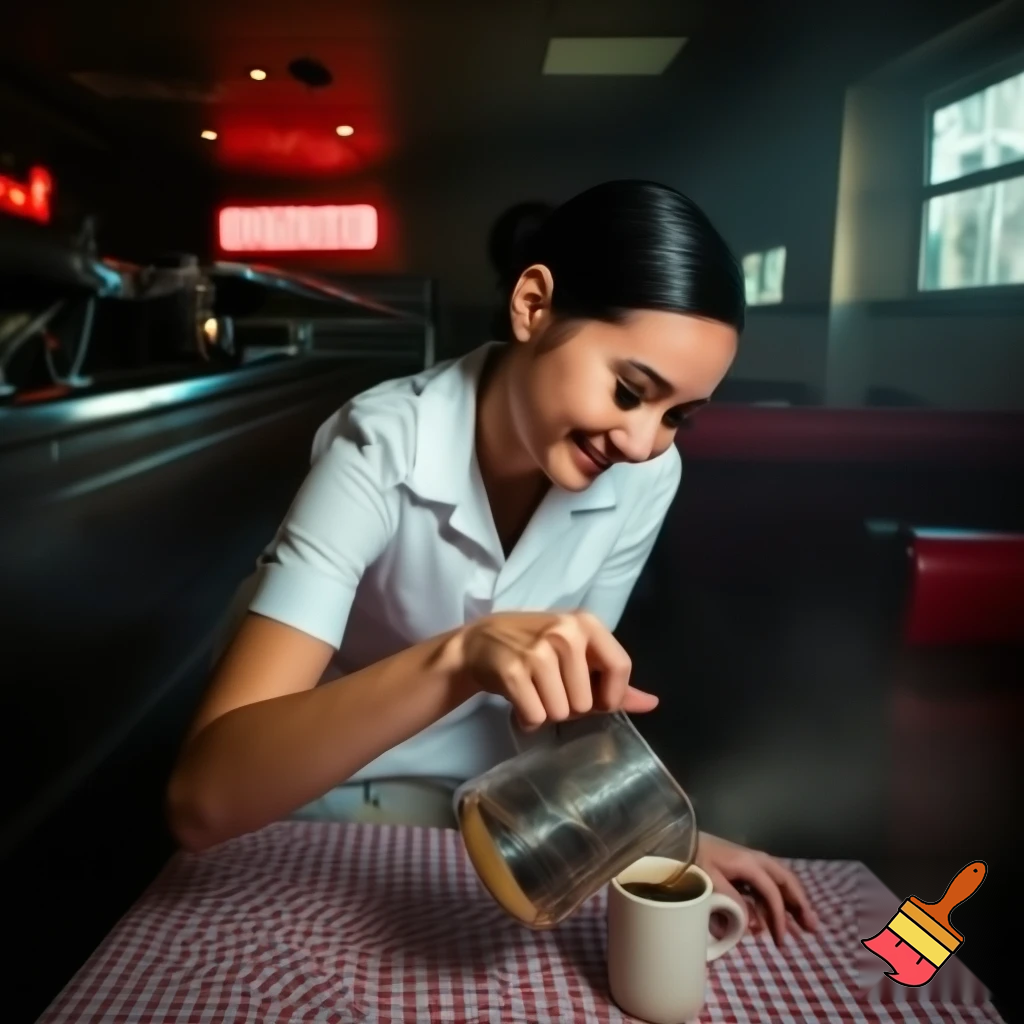 A small roadside diner. A beautiful waitress leans over to pour coffee into a customer's cup at a table. The waitress smiles. Photorealistic. 9x16