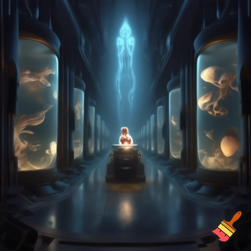 Massive biotech chamber with rows of glowing embryo tanks — biolabs meet cathedral architecture, tanks filled with varied embryos (birds, mammals, hybrid forms), one tank with human infant lit softly, towering AI interface voice projection, sterile + sacred mood, Neo-Gothic sci-fi, ultra-detailed.

Settings / Steps:

Aspect ratio 3:2.

Composition: wide corridor view with leading lines to infant tank.

Color palette: cold blues + soft warm glow on human tank to create emotional contrast.

Add subtle reflections and condensation on glass.


Negative prompt: blood, gore, text, low detail, blurry, cartoons

Variations: focused on the human infant tank as emotional center.