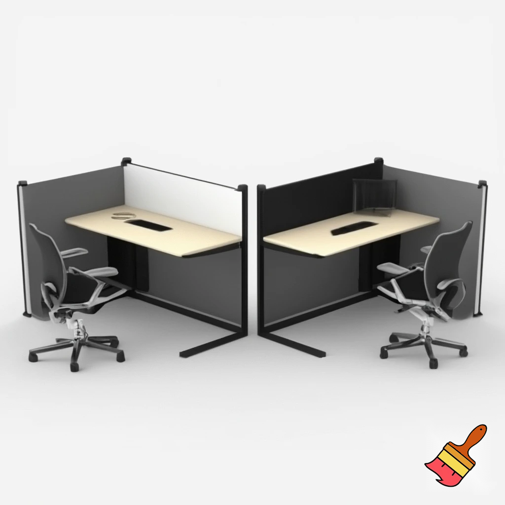 to arbejdsstationer , som består af 2 vægge 1,5 m høje, som står overfor hinanden ( på den ene - er whiteboard, på den anden - en skærm), med et klapbord på  hver væg (under whightboardet og skærmen), 2 stole på begge sider af hvert klapbord. Der er ikke væg imellem stationerne. Hvis man sætter dem sammen, bliver der dannet en station til 4 personer