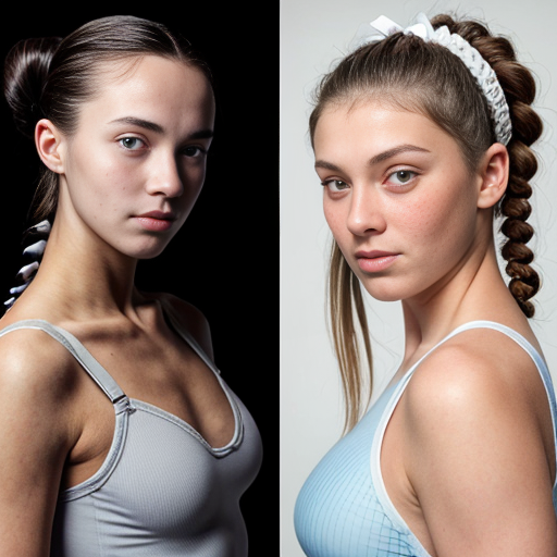 Two 17 year old girls. The one on the left has light brown hair and dutch braids going up to a bun green eyes freckles and fairly tan skin. The girl on the right has dark brown hair and blue eyes and a little bit paler skin they both have light blue and white gymnastics leotards that says ELITE