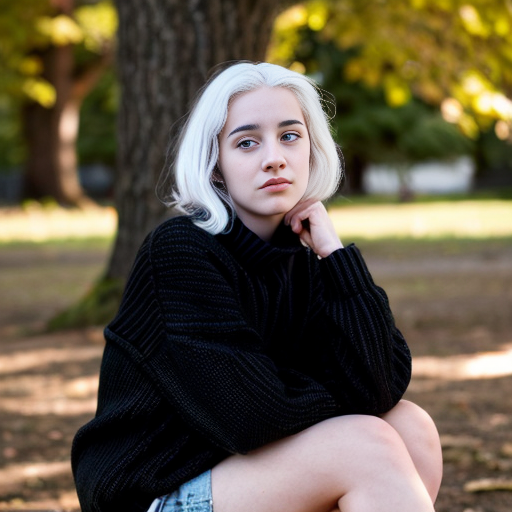 woman in her early twenties with white hair and violet eyes. wearing a cozy black sweater with a tan collar. she is sitting against a tree with only the bark visible behind her.